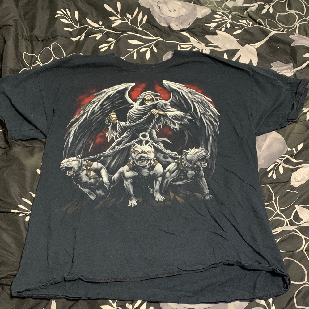Fruit of the Loom Black Short-Sleeve Tee with Winged Guardian and Bulldogs